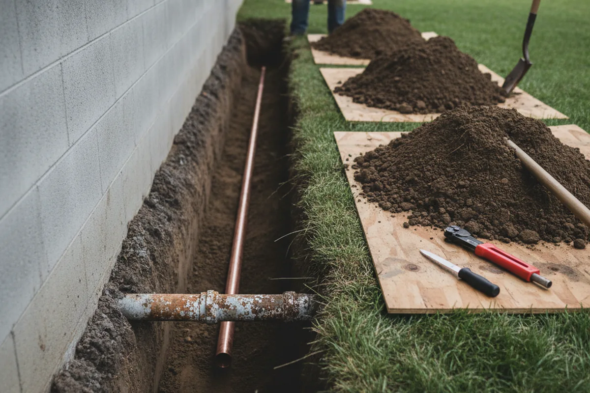 Excavated water line trench during Water Softener Installation in Cornish